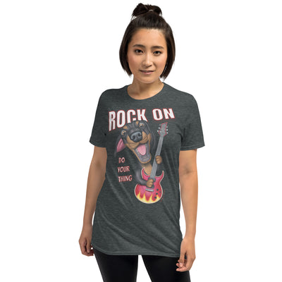 Funny Doxie Dog with guitar on Dachshund Rock On Unisex T-Shirt
