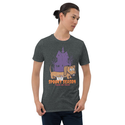 Funny and Cute Doxie Dachshund dog on an adorable spooky Halloween Unisex Tee t shirt