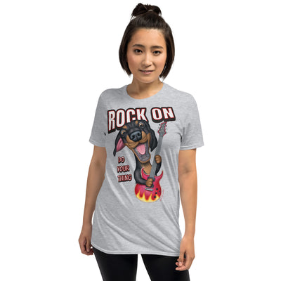 Funny Doxie Dog with guitar on Dachshund Rock On Unisex T-Shirt