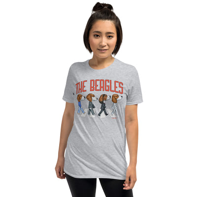 Retro Cute Beagle Dogs walking across classic street on The Beagles Funny Vintage Unisex T-Shirt