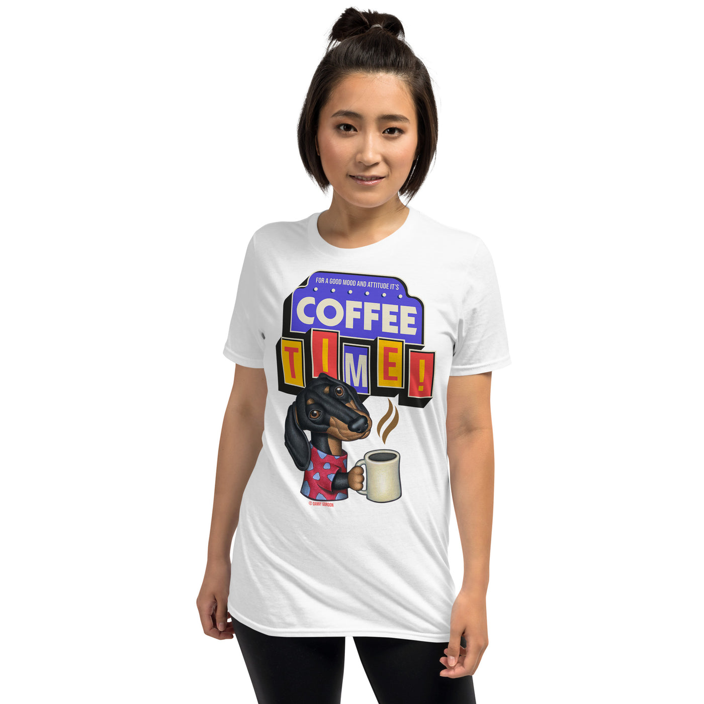 Funny Cute Doxie Dog  with morning java on a  Dachshund Coffee Unisex T-Shirt