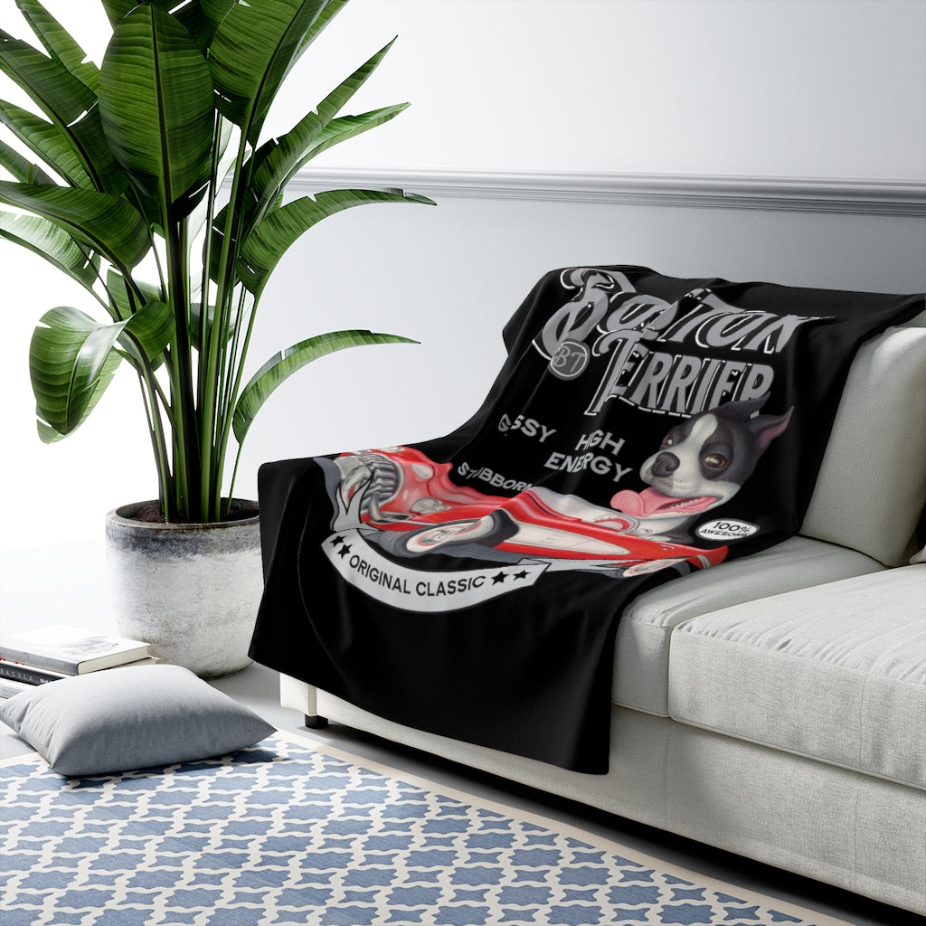 Classic and Vintage Boston Terrier Fleece Blanket with a retro car