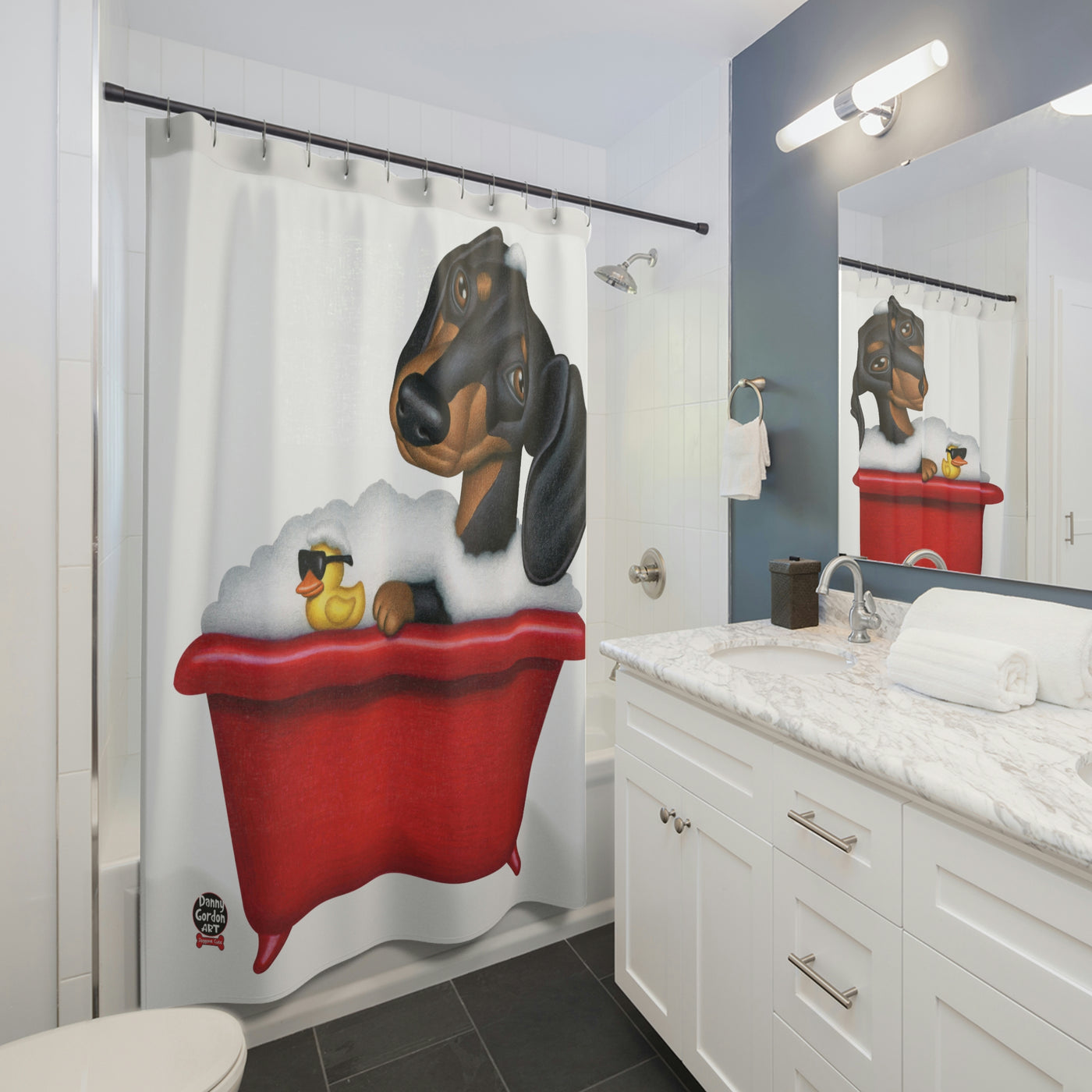 Cute Doxie Dog in classic red tub on classic Dachshund Bubble Bath Shower Curtain