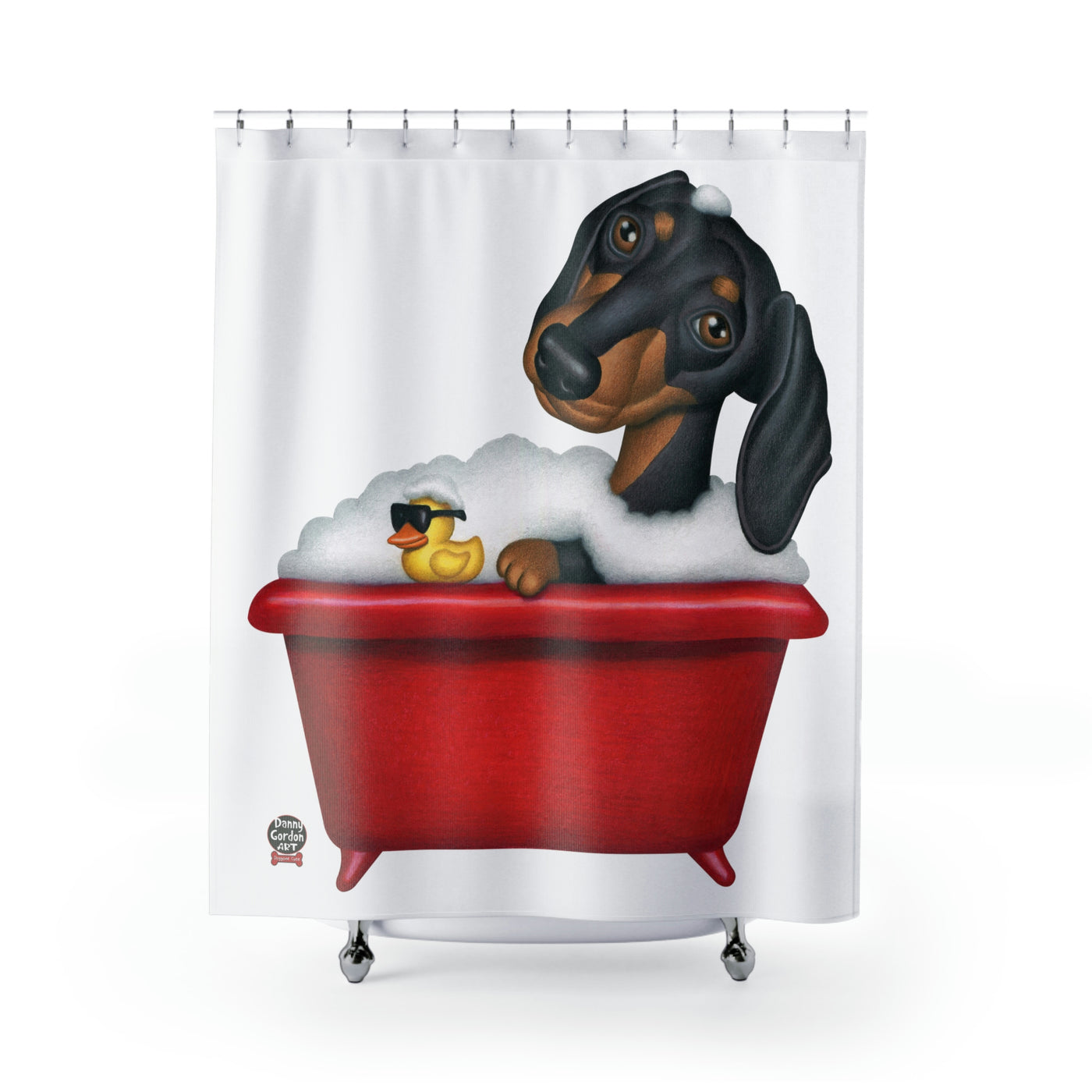 Cute Doxie Dog in classic red tub on classic Dachshund Bubble Bath Shower Curtain
