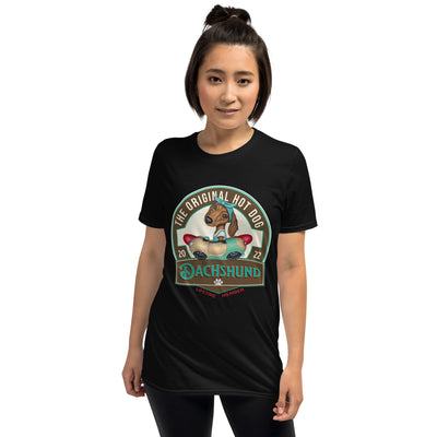 famous and cute Doxie dog driving a retro car for shopping on an Original Hot Dog Dachshund Unisex T-Shirt