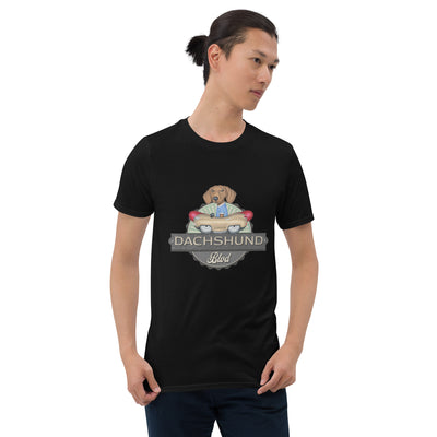 Funny Doxie Dog driving a classic hot dog car on a Dachshund Blvd. Unisex T-Shirt