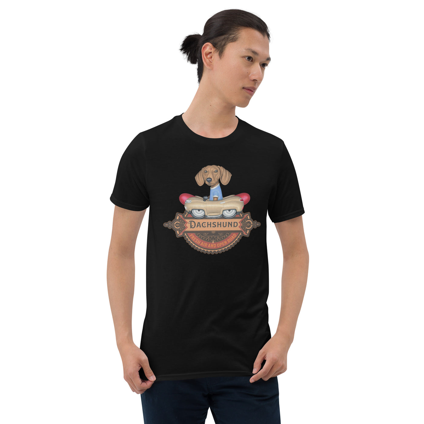 Doxie in a funny classic car on a cute Dachshund Open Road Unisex T-Shirt tee