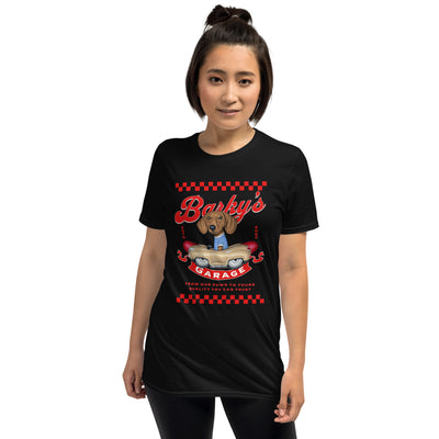 Cute Doxie Dog driving a classic car on a Barky's Garage Unisex T-Shirt