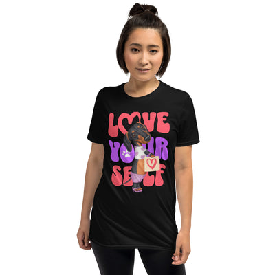 Cute Doxie with love on a Love Yourself Unisex T-Shirt