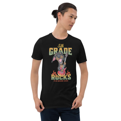 Cute 5th grade teacher rocks with doxie dog & guitar on unisex t shirt