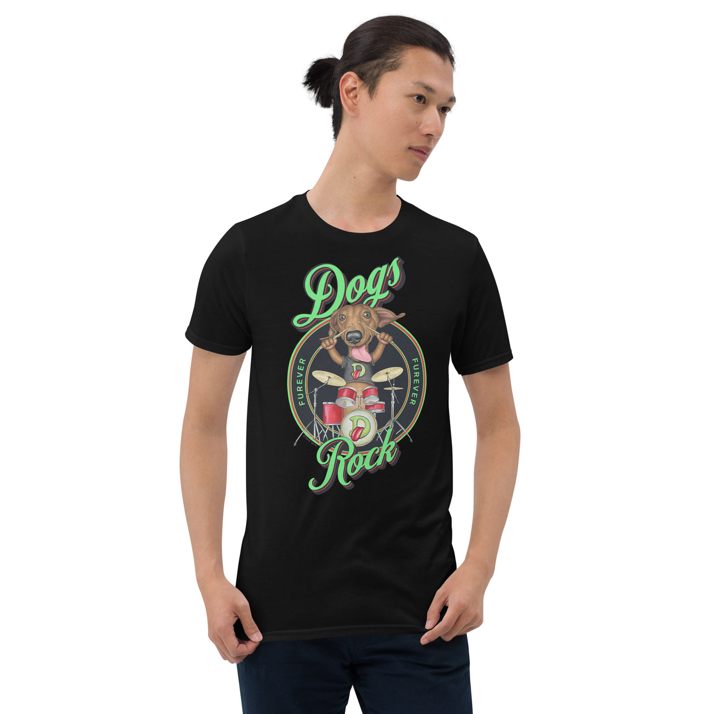 Cute Doxie drumming for the best rock band on a Dogs Rock Furever Unisex T-Shirt