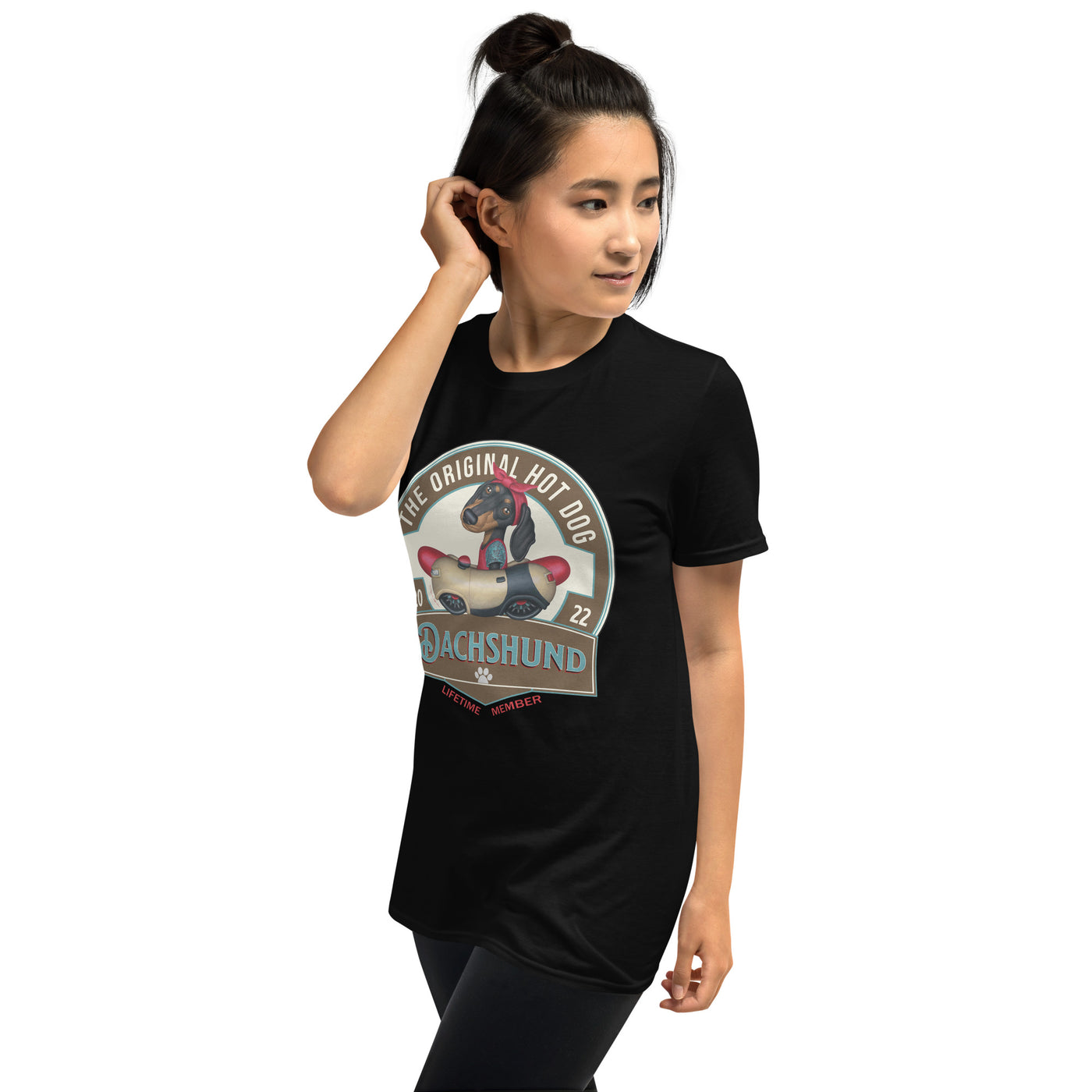 Cute and famous doxie dog driving a retro classic car for shopping on an Original Hot Dog Dachshund Unisex T-Shirt