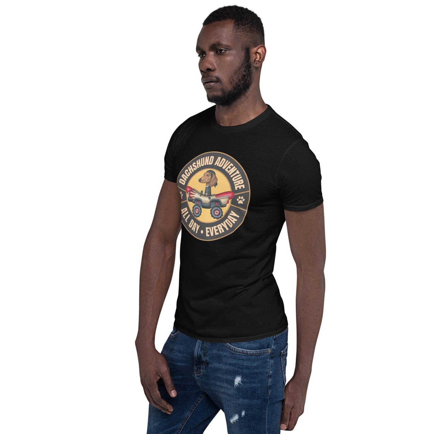 Cute and adorable Doxie Dog hot dogging it on a classic 4 wheeled vehicle on a Dachshund Adventure Unisex T-Shirt