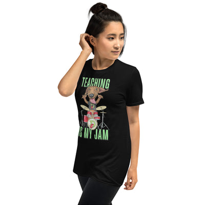 Cute Doxie Dog playing drums with Teaching is my Jam Unisex T-Shirt