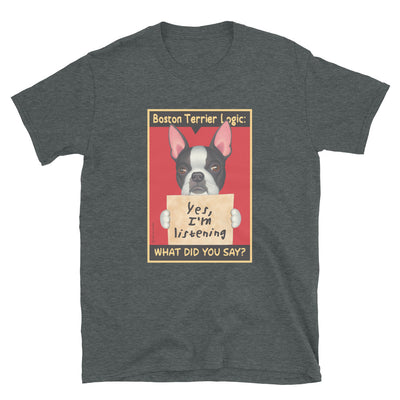 Cute and funny black and white Boston Terrier dog on a Boston Terrier Logic Unisex T-Shirt