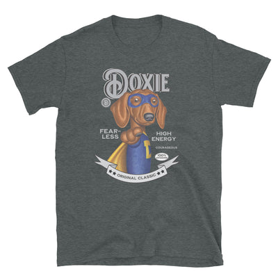 Classic Doxie Dog pose with a superhero mask on a Funny Vintage Dachshund Unisex T-Shirt