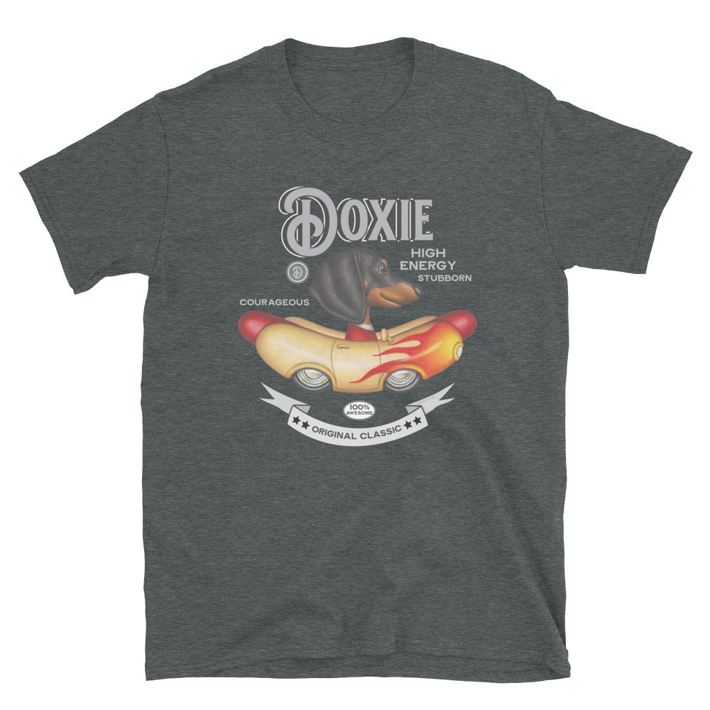 Classic Doxie Dog driving a retro car on a funny Vintage Dachshund Unisex T-Shirt