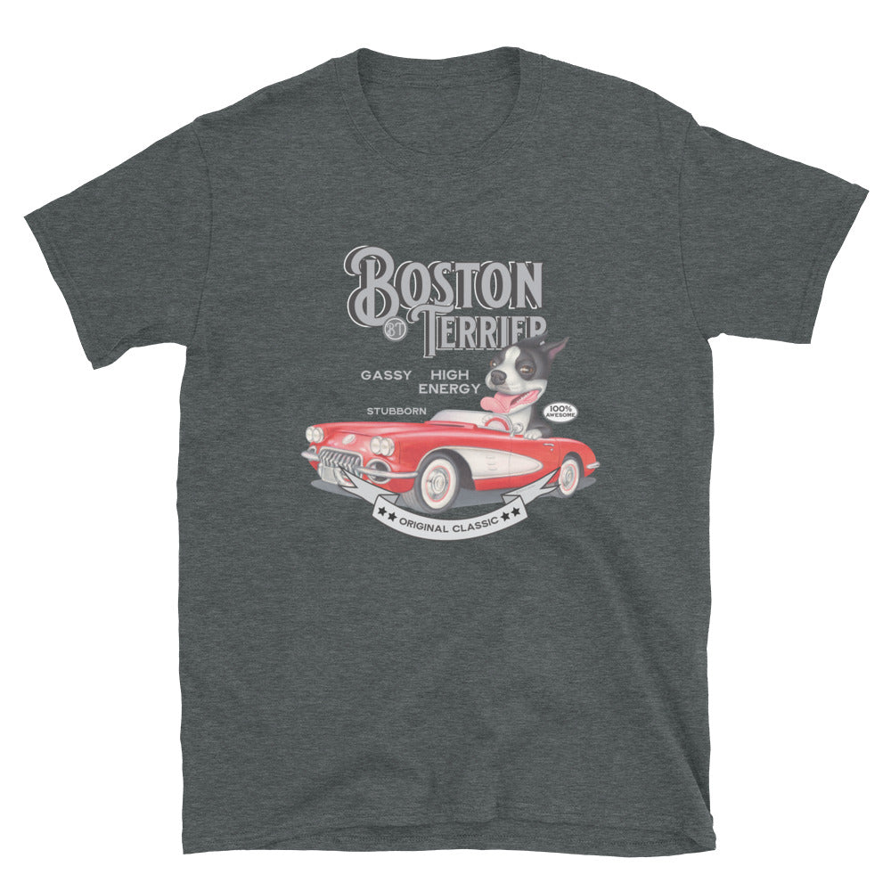 Classic car with boston terrier on a Vintage Boston Terrier Unisex T-Shirt tee