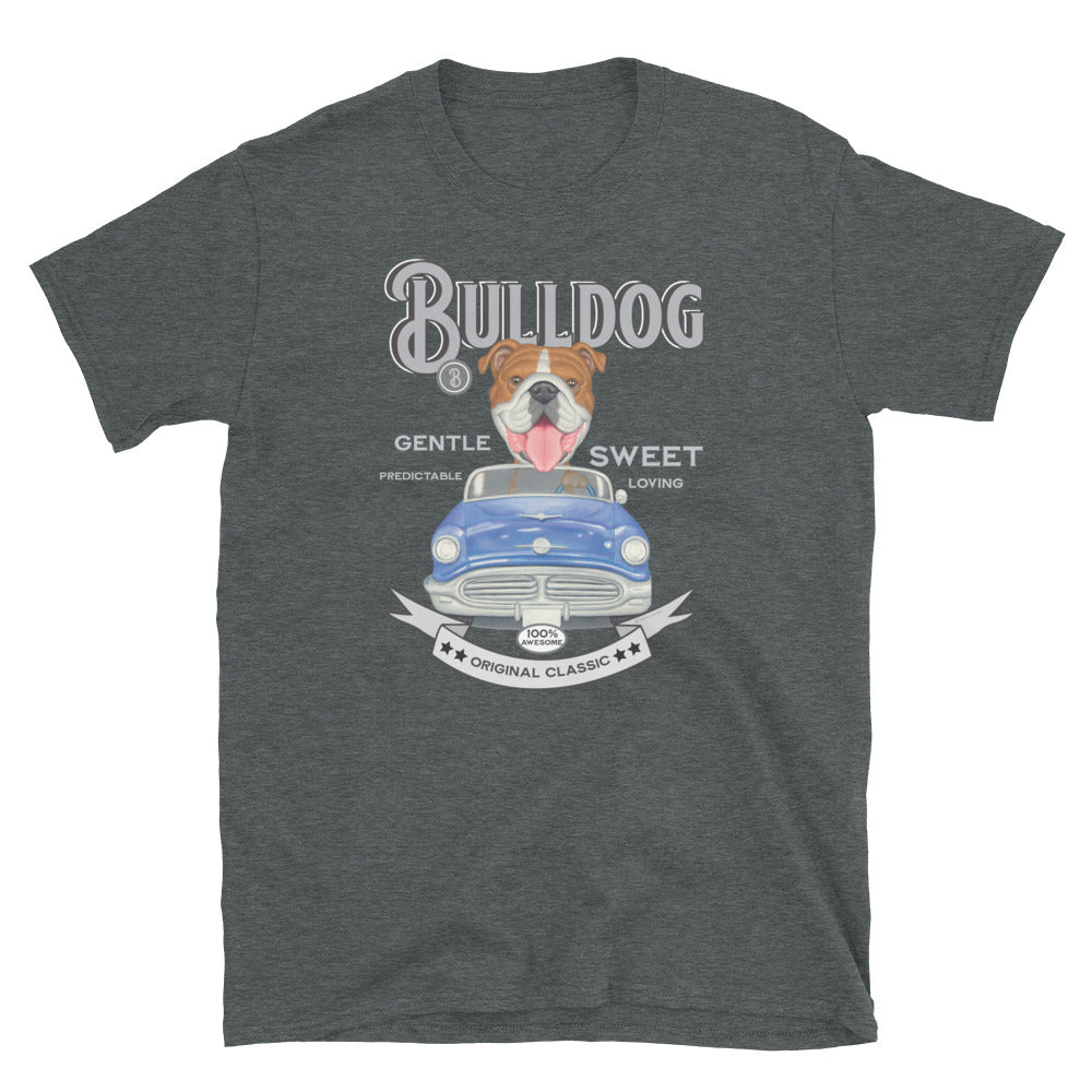 Classic truck with a Bulldog Dog on a Vintage Bulldog Unisex T-Shirt