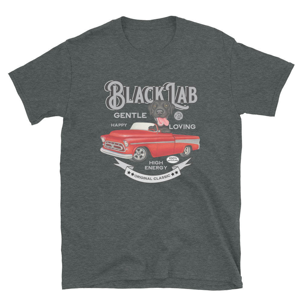 Cute Truck driven by Labrador Retriever on Vintage Black Lab Unisex T-Shirt