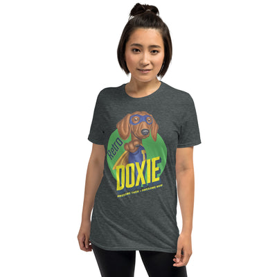 Funny and Cute Doxie dog as a Super Dachshund on a  Unisex T-Shirt