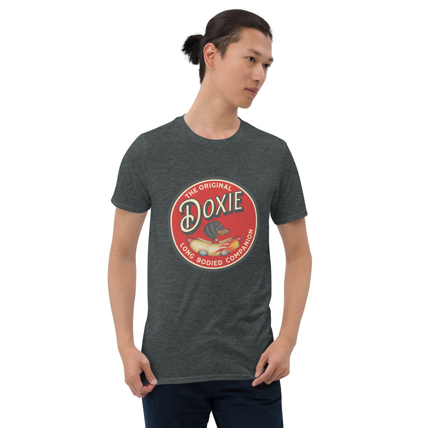 Funny and cute doxie dog in a classic low rider car on an Original Companion Dachshund Unisex T-Shirt