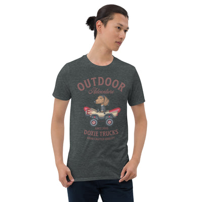 Cute Doxie driving a classic trekking vehicle on a Dachshund Outdoor Adventure Unisex T-Shirt