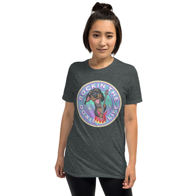 Cute and colorful doxie dog with retro guitar on a Rockin The Doxie Life Unisex T-Shirt