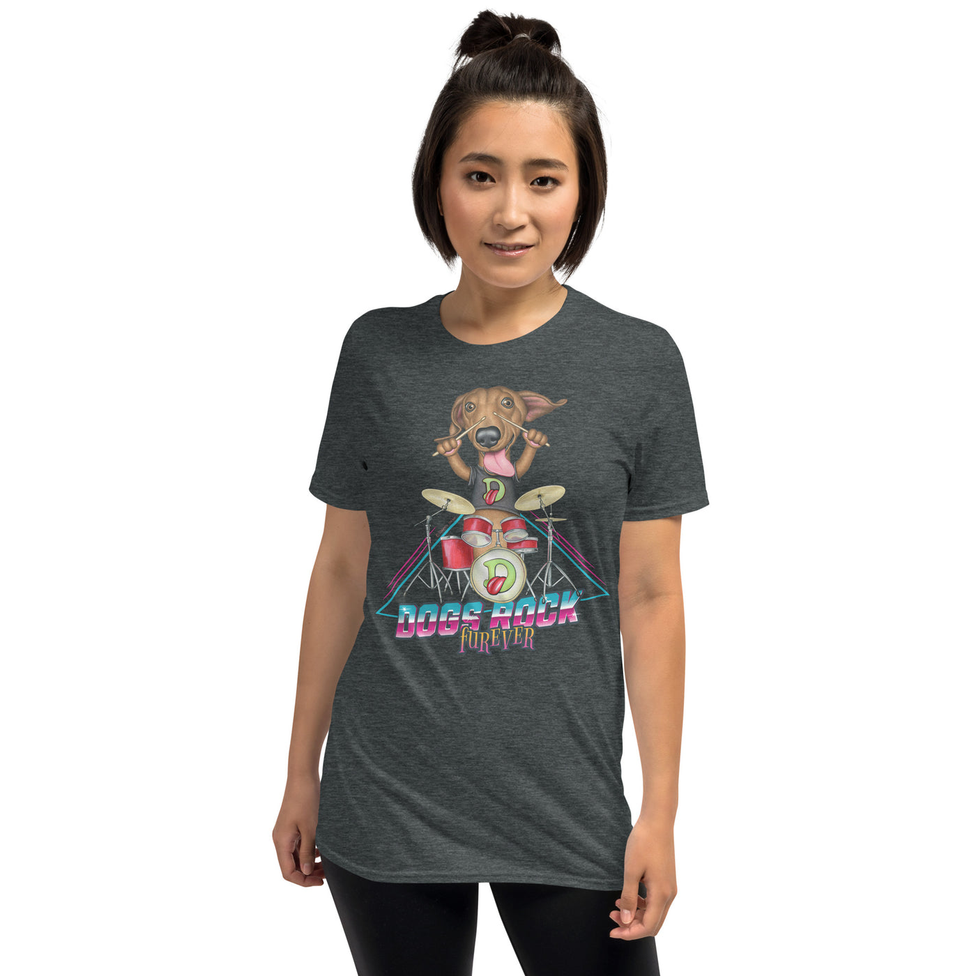 Drummer Doxie Dachshund plays for a famous rock band on a Dogs Rock Furever Unisex T-Shirt