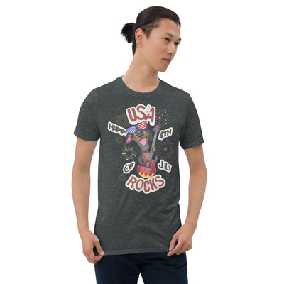 Cute Doxie celebrating the 4th of July on Unisex T-Shirt