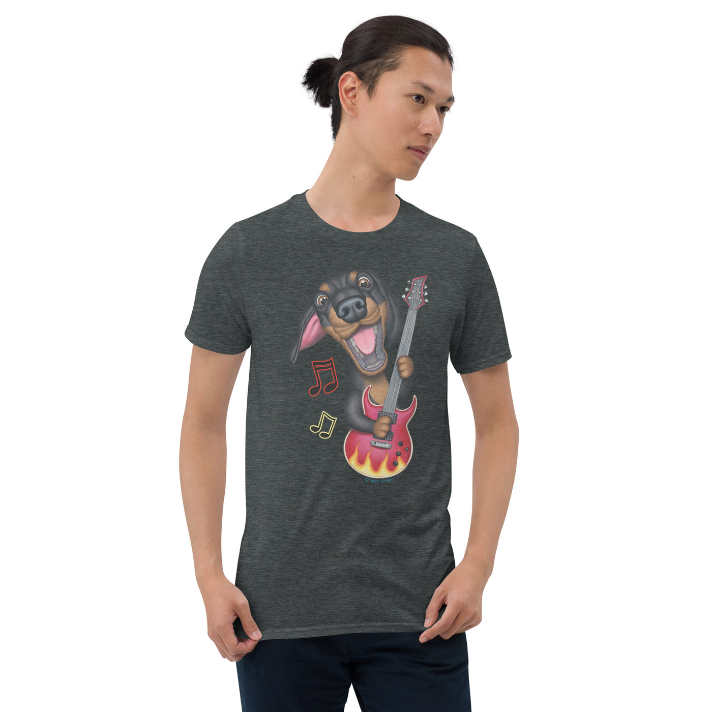 Funny Doxie dog playing guitar on Dachshund Rockin Out Unisex T-Shirt tee