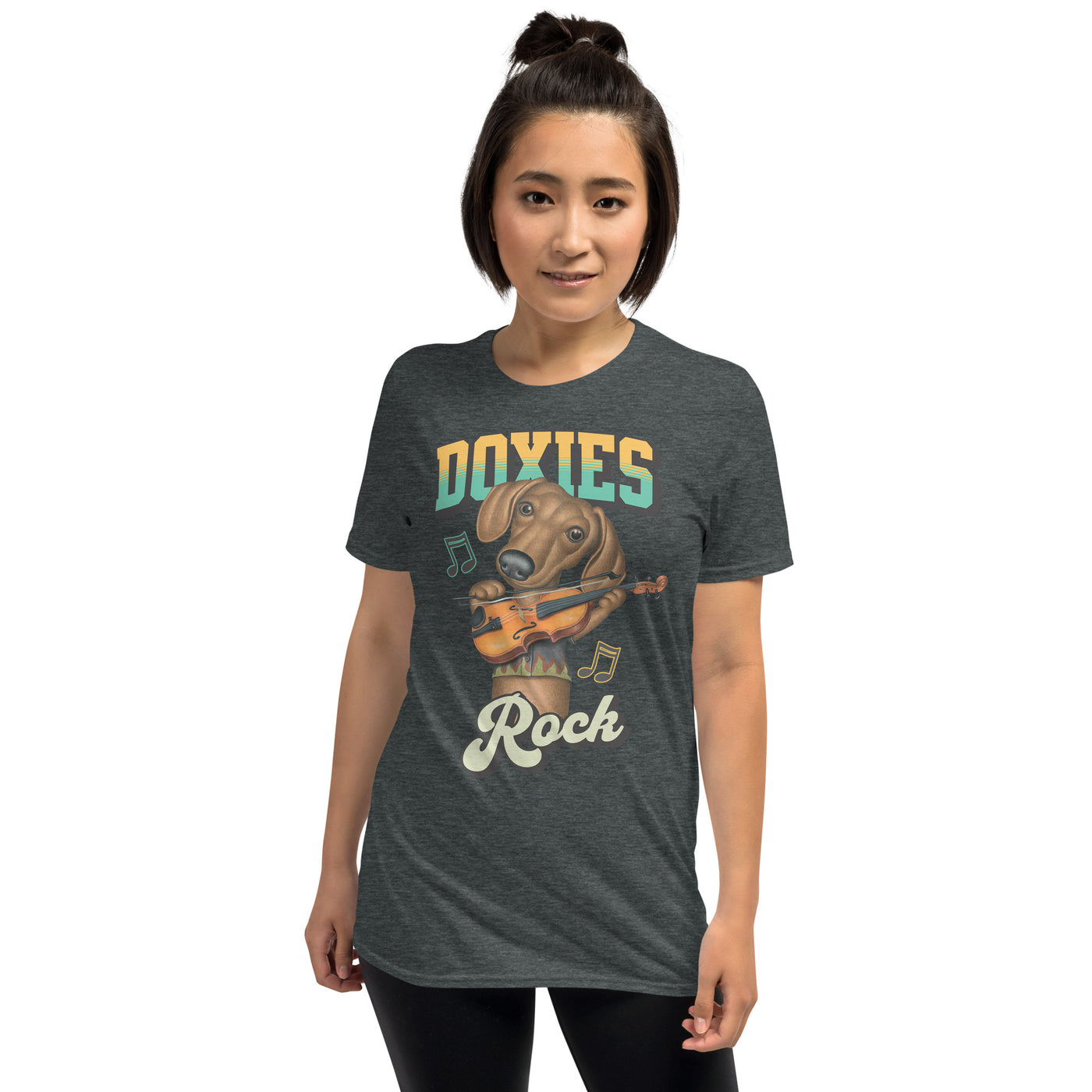 Cute Dachshund with violin playing on Doxies Rock Unisex T-Shirt