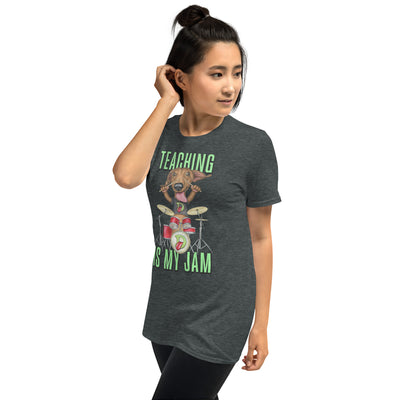 Cute Doxie Dog playing drums with Teaching is my Jam Unisex T-Shirt