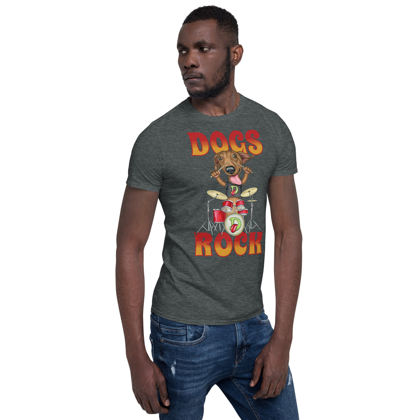 Cute Doxie playing for the best rock band music on a Dogs Rock Unisex T-Shirt