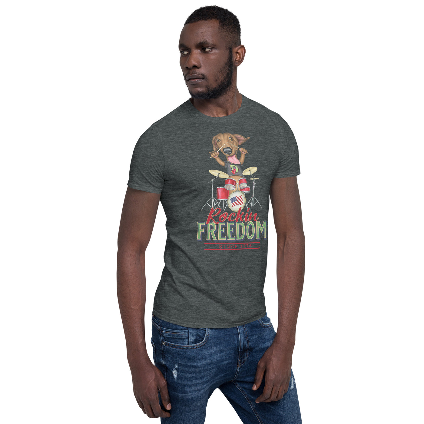 Funny and cute Doxie Dog drumming to the best rock and roll music on a Rockin Freedom Since 1776 Unisex T-Shirt