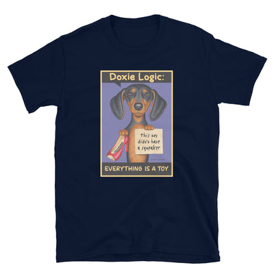 Funny Doxie dog with a new toy without a squeaker on a Dachshund Logic Unisex T-Shirt