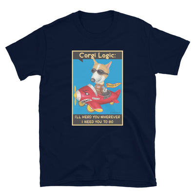 Funny corgi dog flying an airplane with a cute outfit on a Corgi Logic Unisex T-Shirt