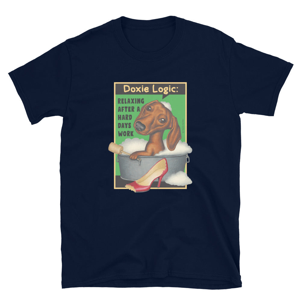 Fun and cute Doxie Dog in a tub with bubbles on an adorable Dachshund Logic Unisex T-Shirt