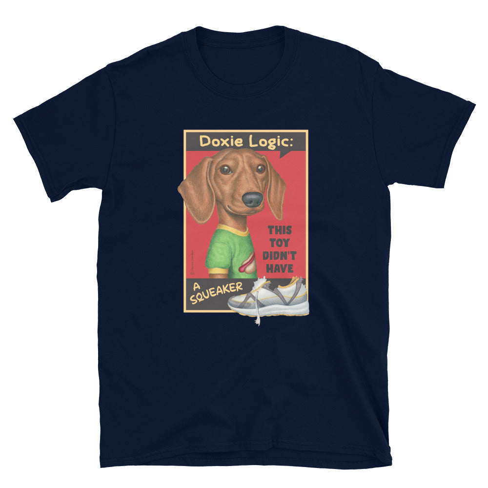 Cute Doxie Dog pose in green shirt on a Dachshund Logic Unisex T-Shirt