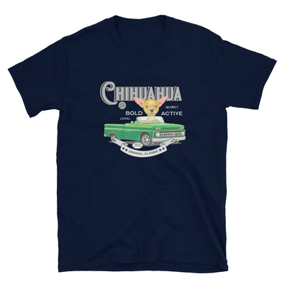 Classic truck with a chihuahua dog on a Vintage Chihuahua Unisex T-Shirt