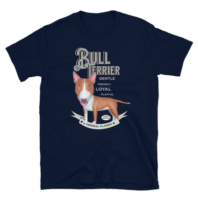 Classic Bull Terrier dog pose on a Vintage Bull Terrier Unisex T-Shirt tee