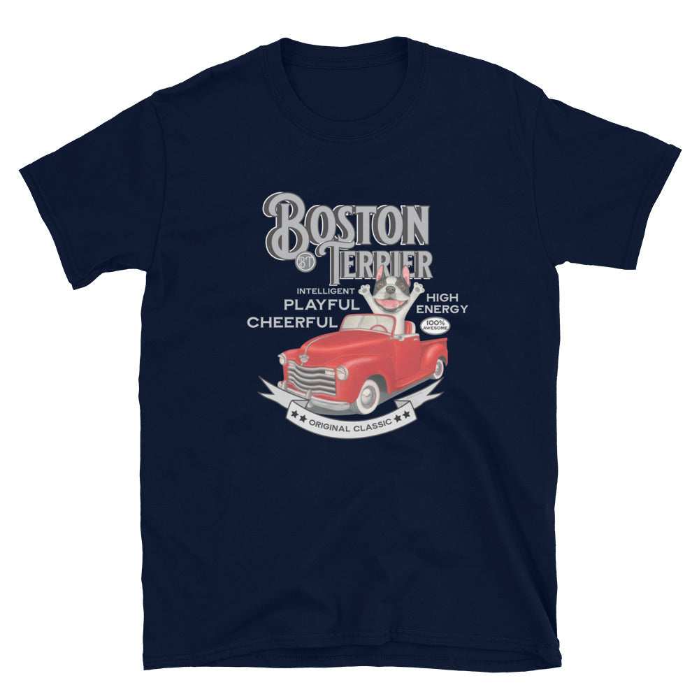 Classic truck with a Boston Terrier on a Vintage Boston terrier Unisex T-Shirt