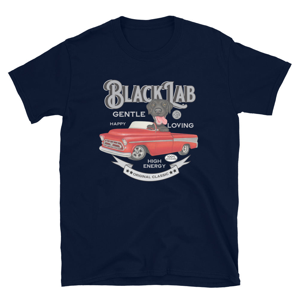 Cute Truck driven by Labrador Retriever on Vintage Black Lab Unisex T-Shirt