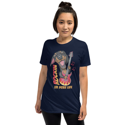 Musical Doxie Dog rockin with a retro guitar on a Rockin The Doxie Life Unisex T-Shirt