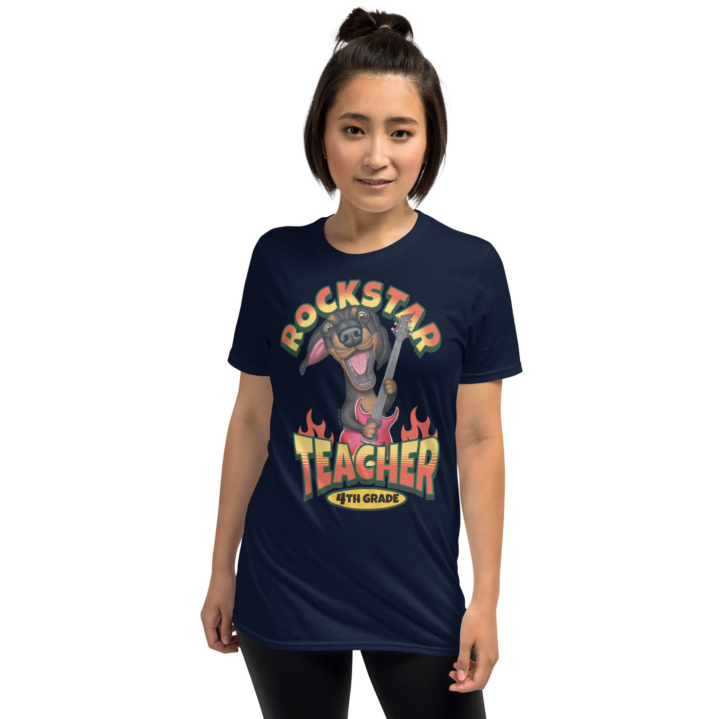 funny cute tee with doxie dog and guitar on 4th Grade Rockstar Teacher Unisex T-Shirt