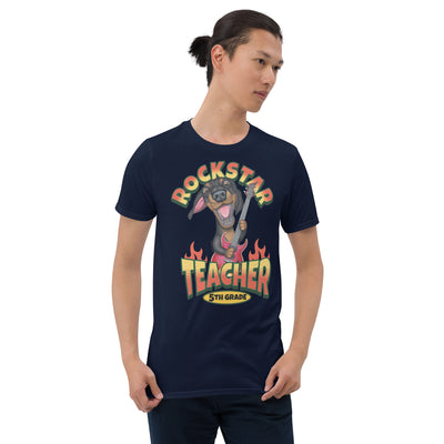 Cute Funny Doxie dog that rocks with classic guitar on 5th Grade Rockstar Teacher Unisex T-Shirt