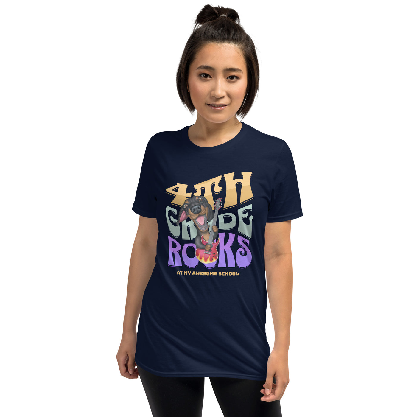 Cute 4th grade teacher tee with doxie dog on 4th Grade Rocks Unisex T-Shirt
