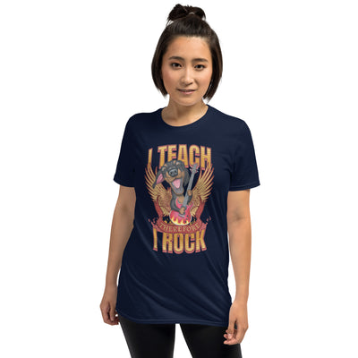 Teachers tee with doxie dog and guitar on I Teach Therefore I Rock Unisex T-Shirt
