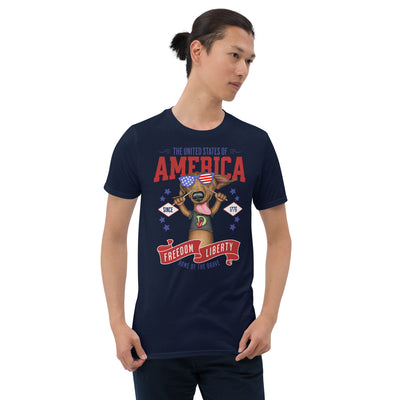 Doxie playing for the red white and blue musical band on a USA Freedom Liberty Unisex T-Shirt