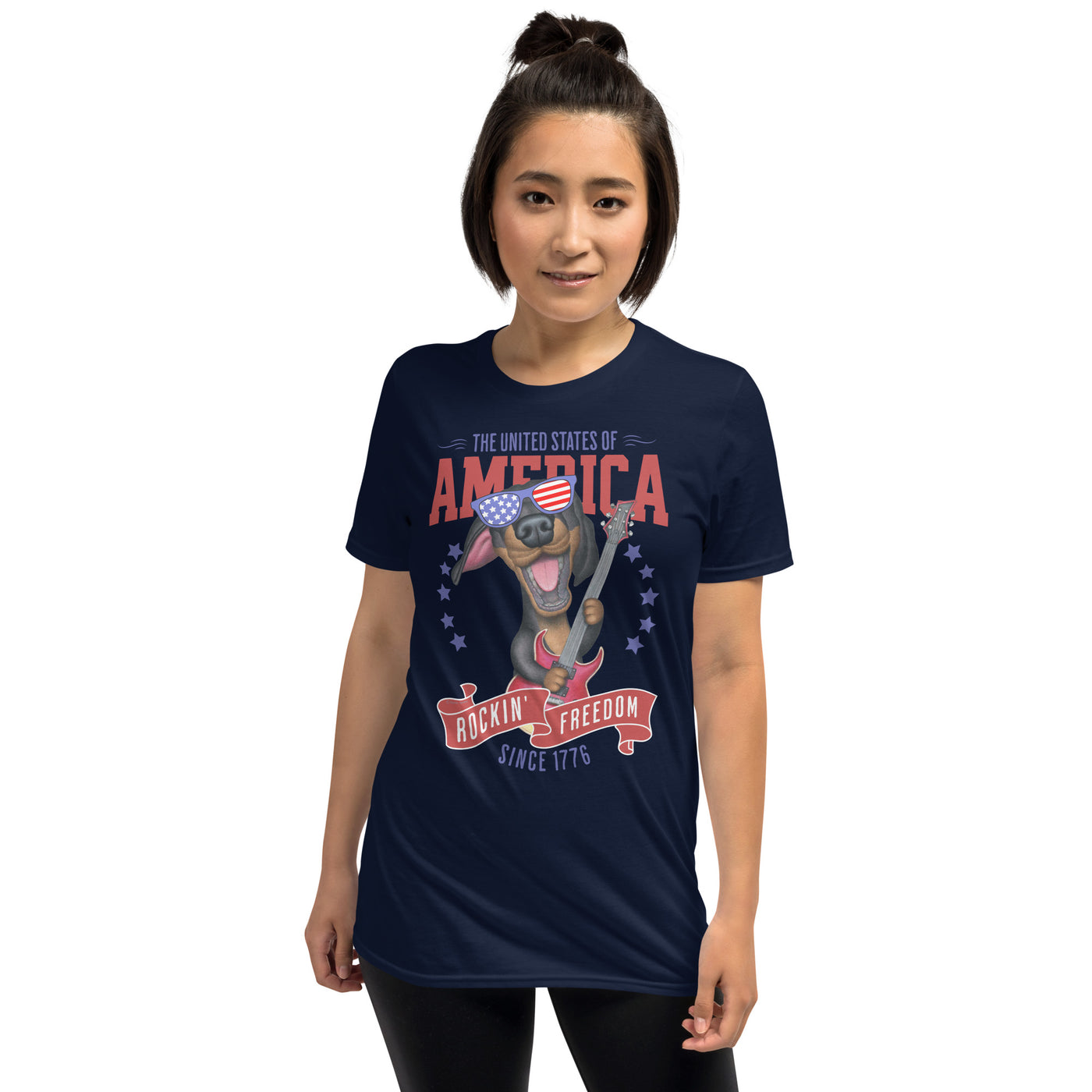 Red white and blue for this doxie dog as he rocks on a Rockin Freedom Since 1776 Unisex T-Shirt